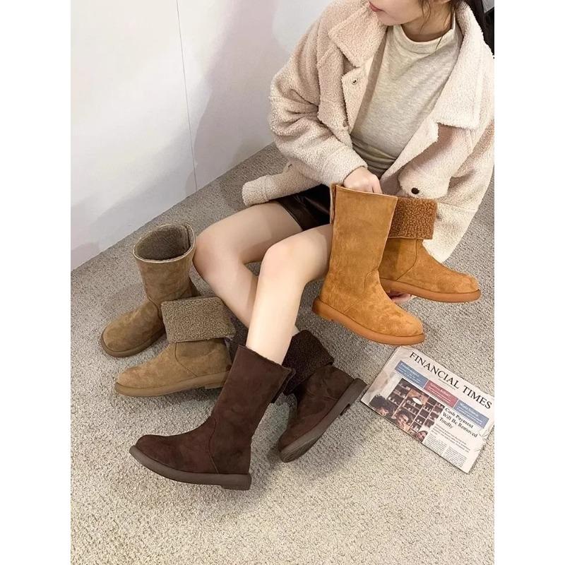 Fashion Warm Fleece Lined Pure Leather Flat Heel Mid-Calf Snow Boots Women's Winter Booties Comfortable Rubber Sole Round Toe Booties