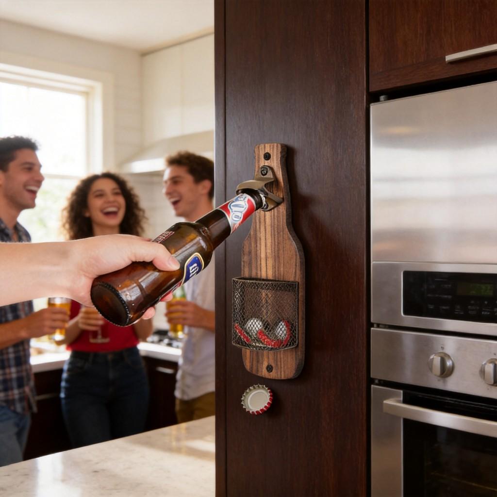 Wooden Wall Mounted Beer Opener With Cap Catcher For Bar Kitchen Decor