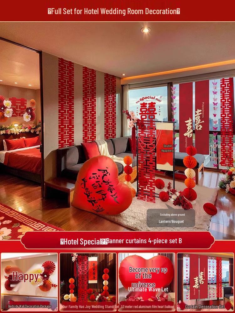 Ensemble de Décoration de Chambre de Mariage Nuptial avec Double Bonheur Sans Trace pour Hôtels et Salons