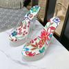 Women Summer 14cm High Heels 4cm Platform Slides Mules Lady Floral Print Stripper Slippers Blue Clear Extreme Heels Shoes