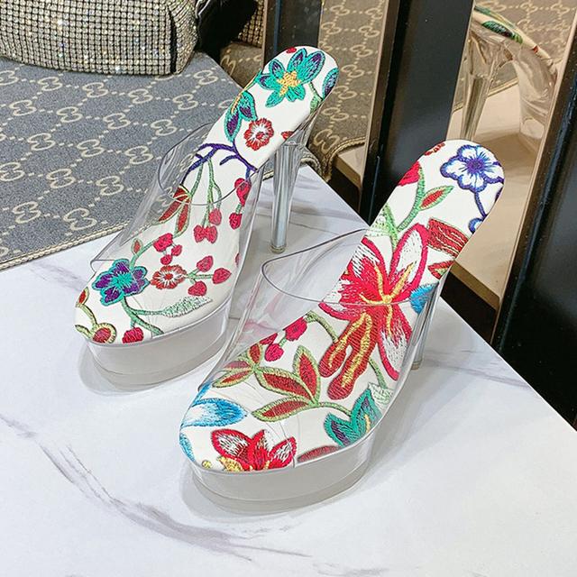 Women Summer 14cm High Heels 4cm Platform Slides Mules Lady Floral Print Stripper Slippers Blue Clear Extreme Heels Shoes