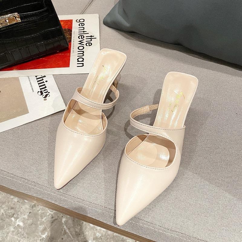 Mid-spring high heels pointed head lazy bag head half tray new ol comfortable thick heel cool slippers women's heel