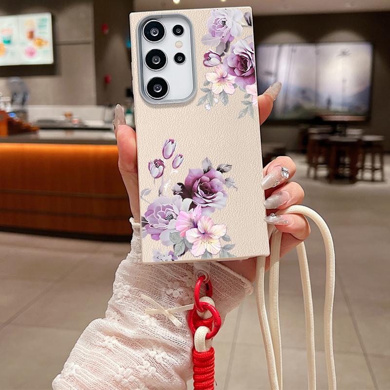 For Samsung S25 Ultra S24 FE S23 S22 A16 A56 A36 A55 A26 A35 Case Flower Pattern Slim Shockproof Matte Leather Texture TPU Soft Lanyard Phone Cover