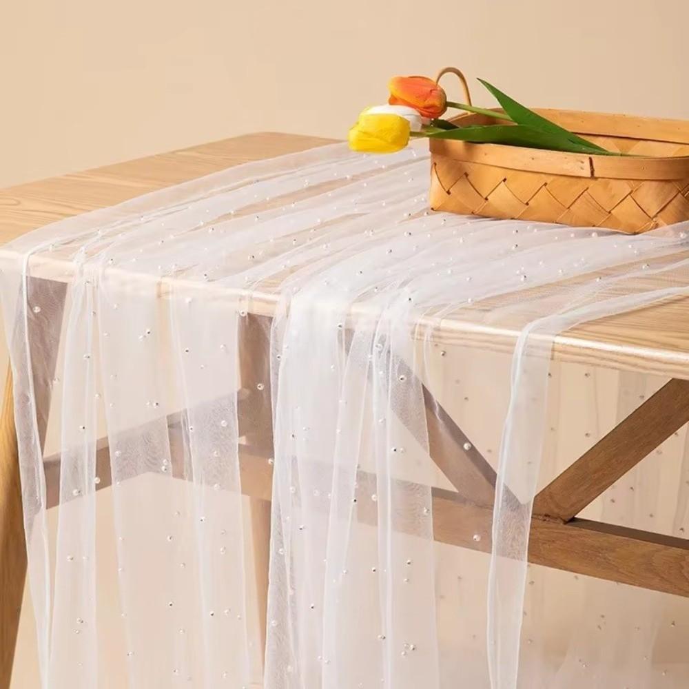 Sheer Drapes Pearl Yarn Table Runner Gauze Mesh Semi Transparent Wedding Tablecloth DIY Pearl Table Cover Dinner Table