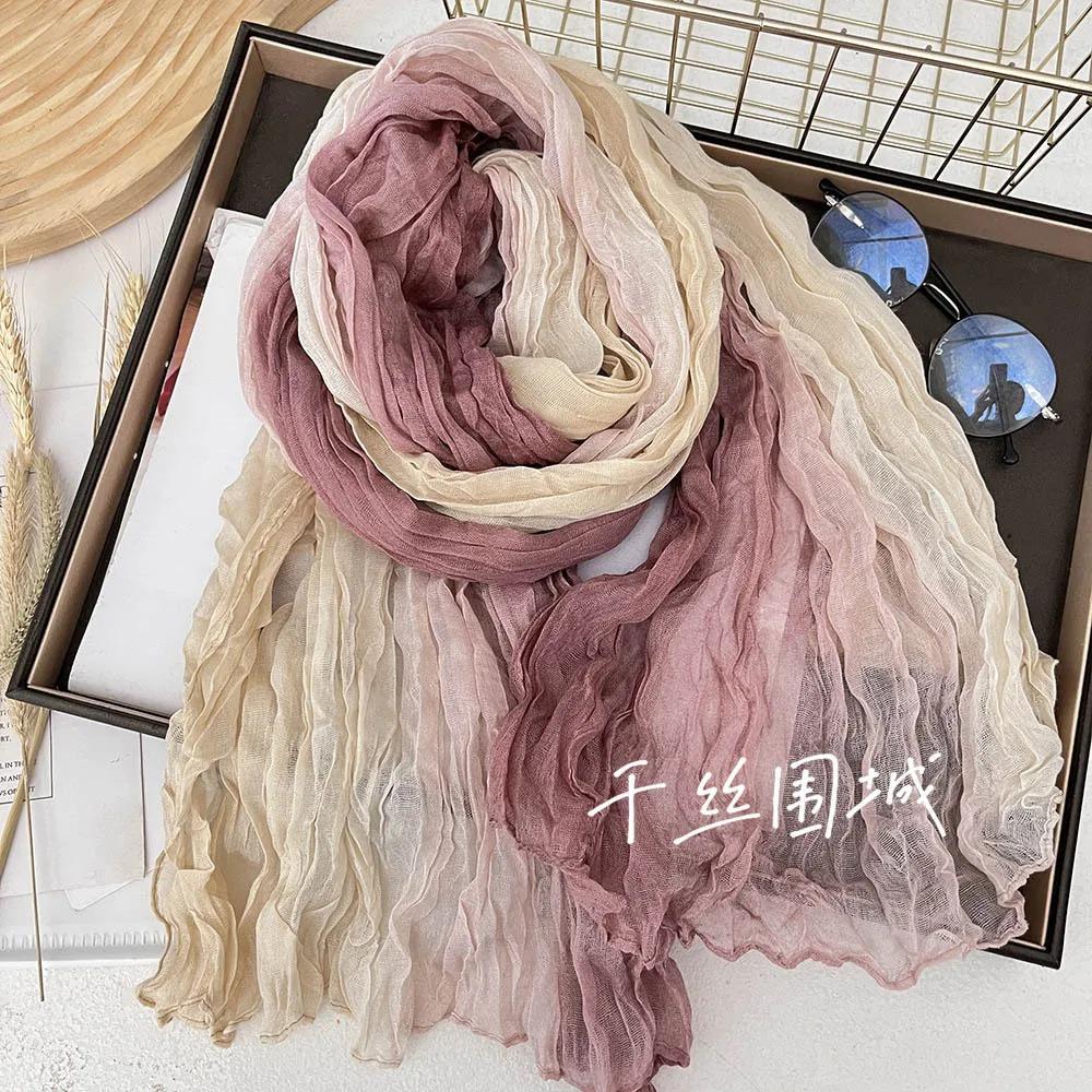 New Scarf Cotton Hemp Hand Feel Gradient Blue Autumn Winter Retro Versatile Printed Women's Long Fold Shawl Soft Fashionable