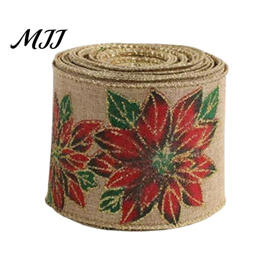 Linen Ribbon for Gift Wrapping 1 Roll Burlap Christmas Tree Decor, Vintage Patterned Bows Imitation Wired Fabric DIY Crafts And Wreaths, Holiday Craft