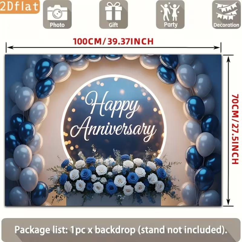 2D Elegant Blue Silver Happy Anniversary Backdrop Balloon and Flower Party Background