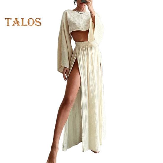 

2 шт./компл. женский укороченный топ с юбкой, комплект с длинным рукавом, наклонным вырезом, короткий топ с высокой талией, разделенная юбка, сплошной цвет, пляжное бикини для отдыха, клубный вечерние топ L абрикосовый