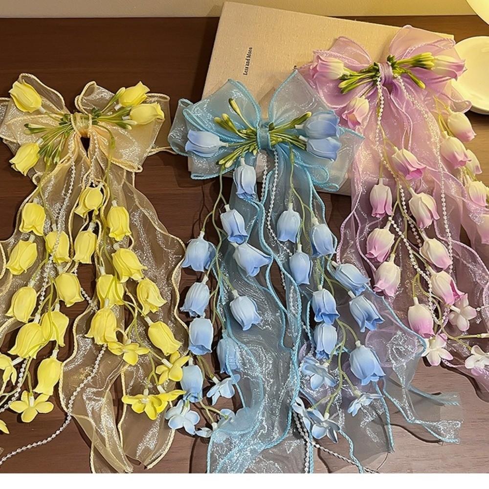 Long Ribbon Bow Hair Clip Bell Orchid Hair Barrettes New Sweet Headband  For Girls