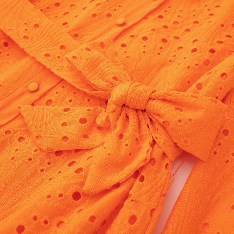 Women Vintage Three Quarter Sleeves Front Buttons Belt Green Embroidery Mini Dress