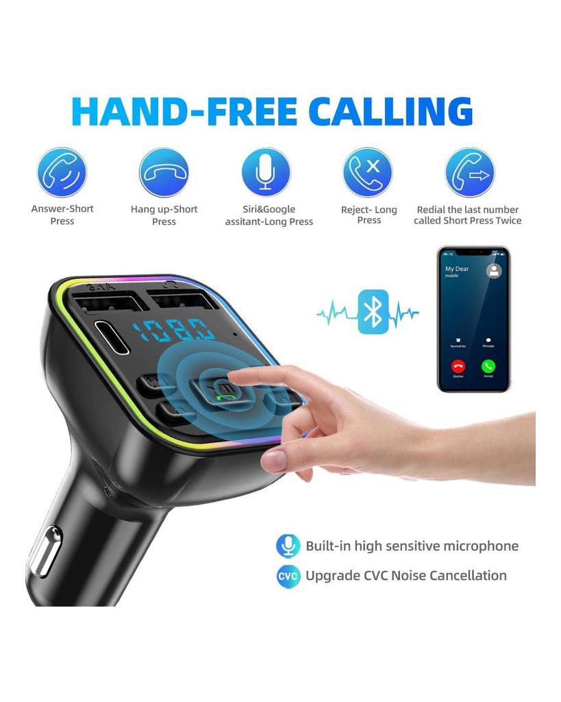 Samochodowy nadajnik Bluetooth 5.0 FM PD Type-C Dual USB 3.1A szybka ładowarka kolorowe oświetlenie otoczenia zestaw głośnomówiący MP3 Modulator Player