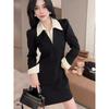 Womens Black White Contrast Collar Long Sleeve Bodycon Mini Dress