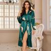 Pyjama pour femme en soie glacée - Peignoir de luxe avec ceinture, imprimé fin respirant, manches longues pour le printemps/l'été.