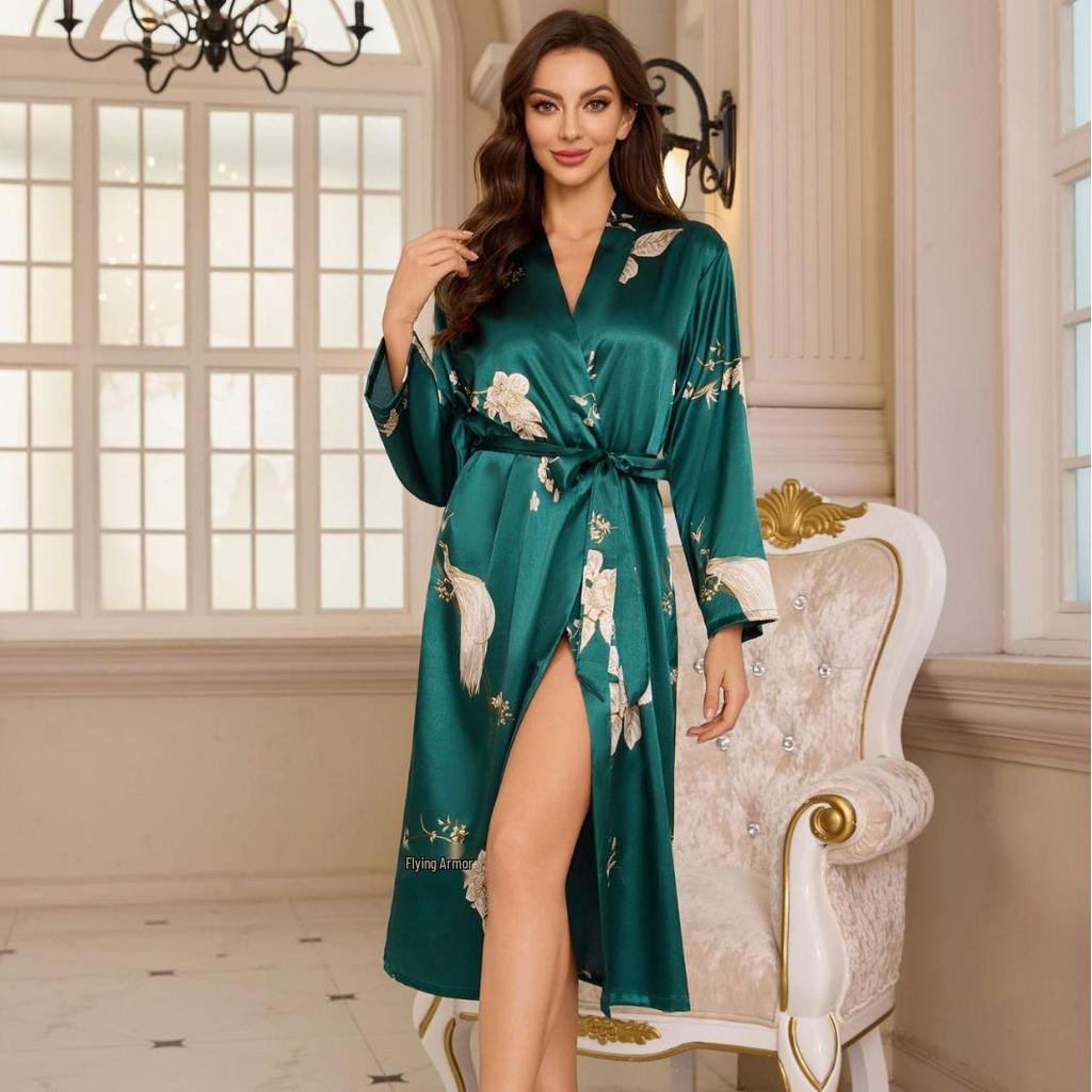 Pyjama pour femme en soie glacée - Peignoir de luxe avec ceinture, imprimé fin respirant, manches longues pour le printemps/l'été.
