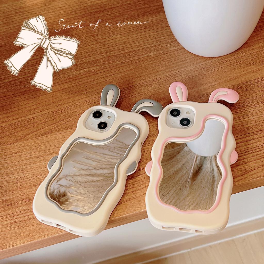 Cute Pink Rabbit Ear Makeup Mirror Suitable for iPhone 15 16 Promax for Apple 13/12/11 Phone Case XR Silicone