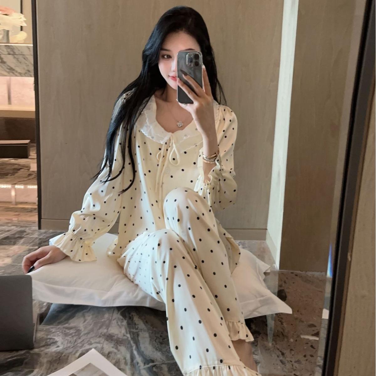 

Taro Bobo Women s French Polka Dot Ice Silk Pajamas - New Spring/Summer Long Sleeve Set XL