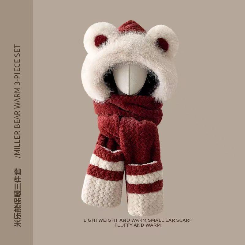 

Новая холодостойкая и теплая плюшевая шапка-шарф-перчатки с мишкой Майло, женская зимняя утолщенная защита для ушей для верховой езды average size