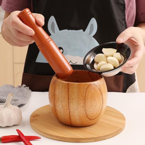 1 Set Garlic Mortar Eco-friendly High Durability Wood Manual Garlic Press Crusher Mortar Set for Home