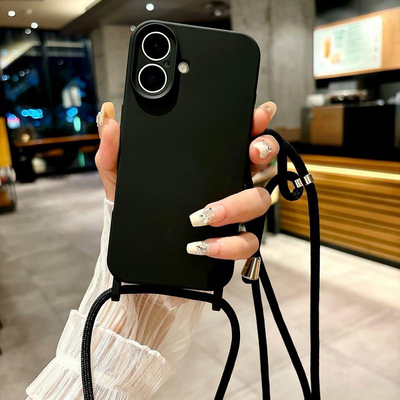 

Чехол для iPhone 16 Pro 15 14 Plus 13 12 Pro Max 11 Candy Color, тонкий, с ремешком на шею и шнурком iPhone 16 Pro чёрный