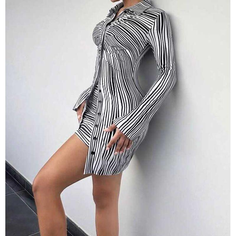 

Export Sexy Fashion Sexy Long Sleeves Stripes Breasted Ruched Autumn Slimming Stylish Easiest for Match Shirt Dress plus Size Black and White 4XL