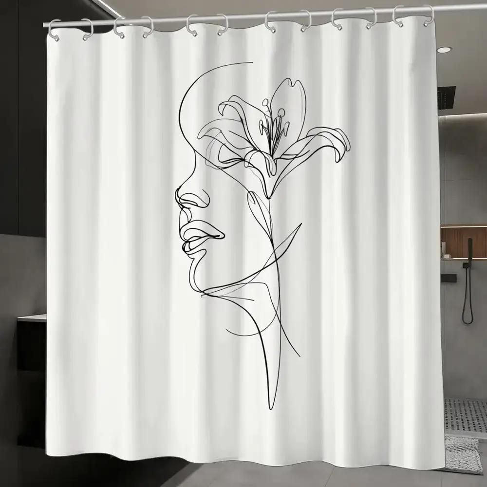 

Minimalist Line Art Shower Curtain – Woman’S Profile & Lily In One Continuous Stroke, 12 Hooks, Waterproof Modern Decor W60H190(CM)-1 Pcs