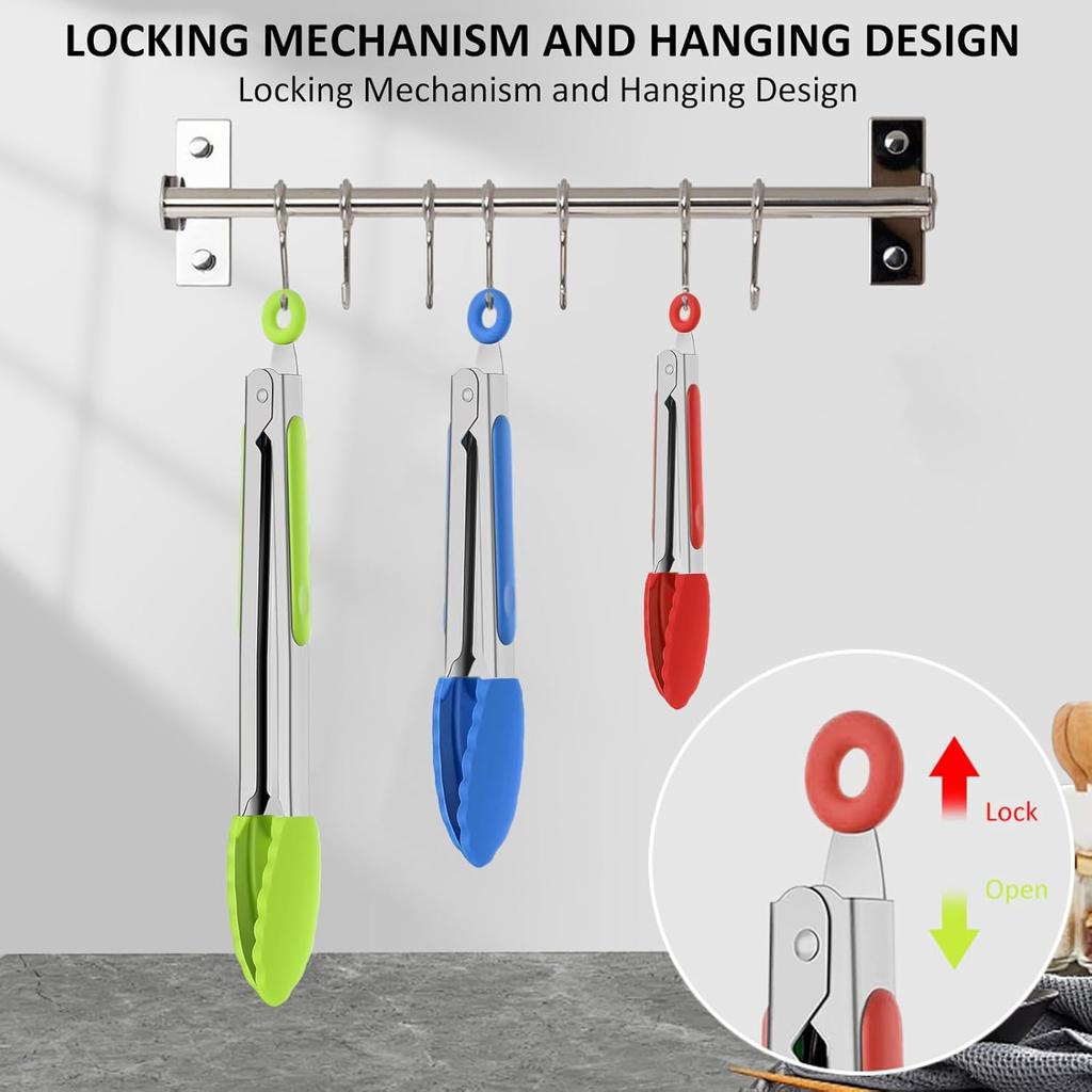 9 Pieces Silicone Tongs for Cooking 7,9,12 inches Kitchen Tongs with Silicone Tip Stainless Steel Heat Resistant Cooking Tongs for Food Grill Salad