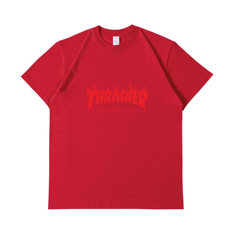 A1-03 Letnia Koszulka z Czerwonym Nadrukiem Thrasher Męska Damska Bawełniana Oversize Krótki Rękaw Casualowa Streetwearowa Koszulka Top
