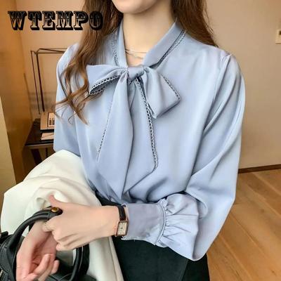 Women Spring Summer Blouse Long Sleeve Womens Tops and Blouses Vintage Women Shirts Slim Solid Color Office Lady Bow Tops