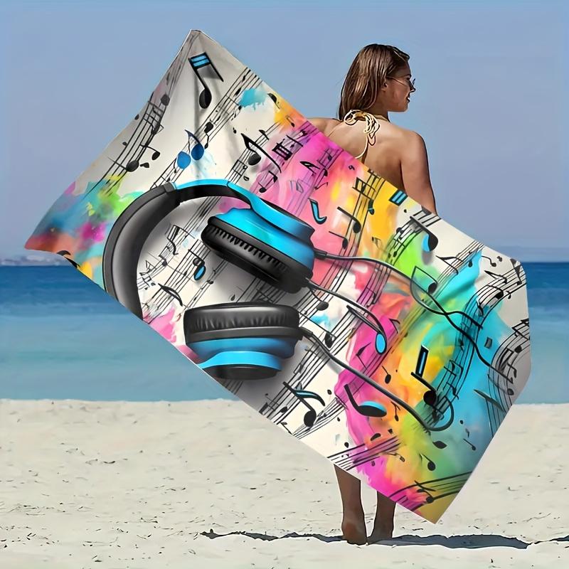 Music Headphones Beach Towel Colorful Notes Print Soft Quick-Dry Large Bath Towel For Music Lovers Travel Swim Pool