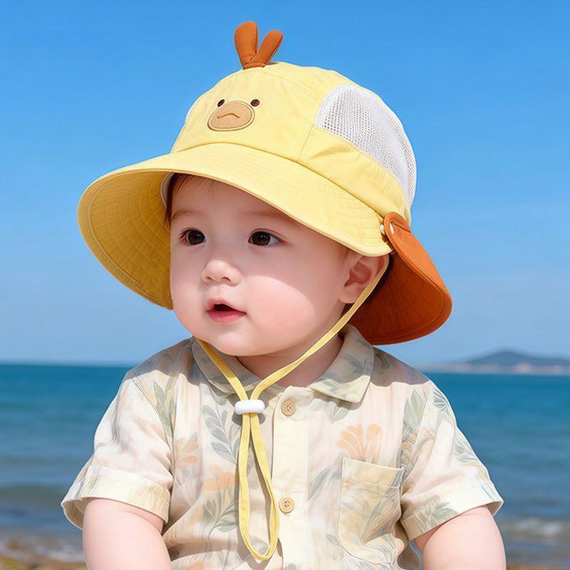 Baby Sommer atmungsaktiver Netz-Eimerhut mit abnehmbarem Nackenschutz großem Schirm Sonnenschutz niedliches Bären-Design für Jungen und Mädchen