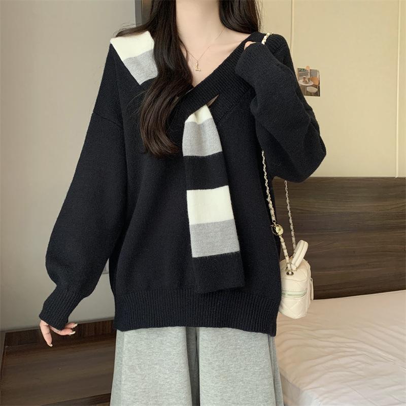 

Arctic velvet, striped fake scarf V-neck sweater women s autumn and winter new loose and thin wear with lazy knitted sweater one size fits all