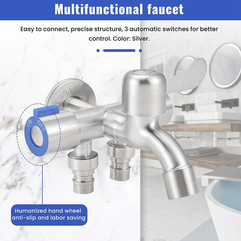 Stainless Steel Multi-Function Washing Machine Faucet 1 In 3 Out Diverter Valve Three-Way Control Home Kitchen Bathroom