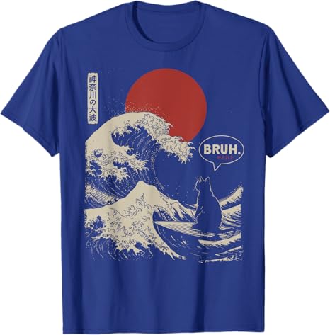 

BRUH The Great Wave Kanagawa Funny Japanese Surfing Cat TShirt Womens Fashion Kitty Y2k Design Graphic Outfit Saying Tee S