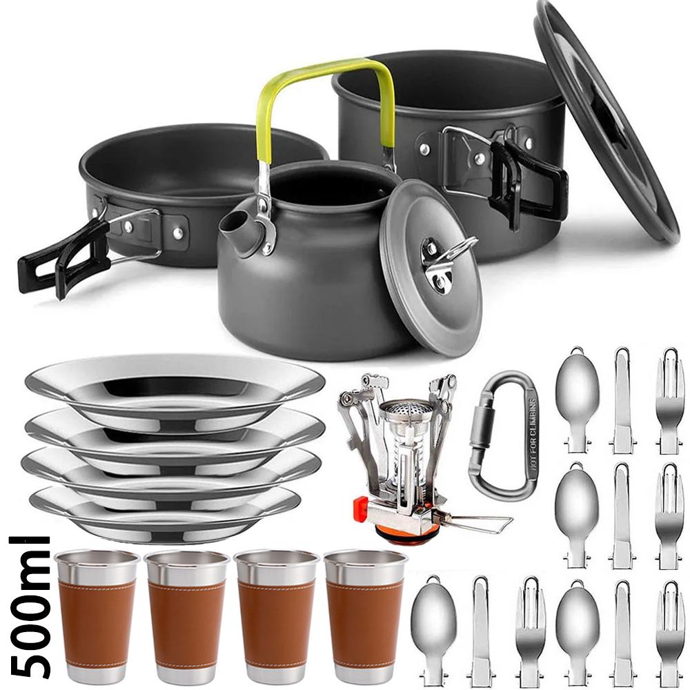 Outdoor camping cooking set outdoor water boiling and vegetable frying aluminum alloy portable set [with igniter]