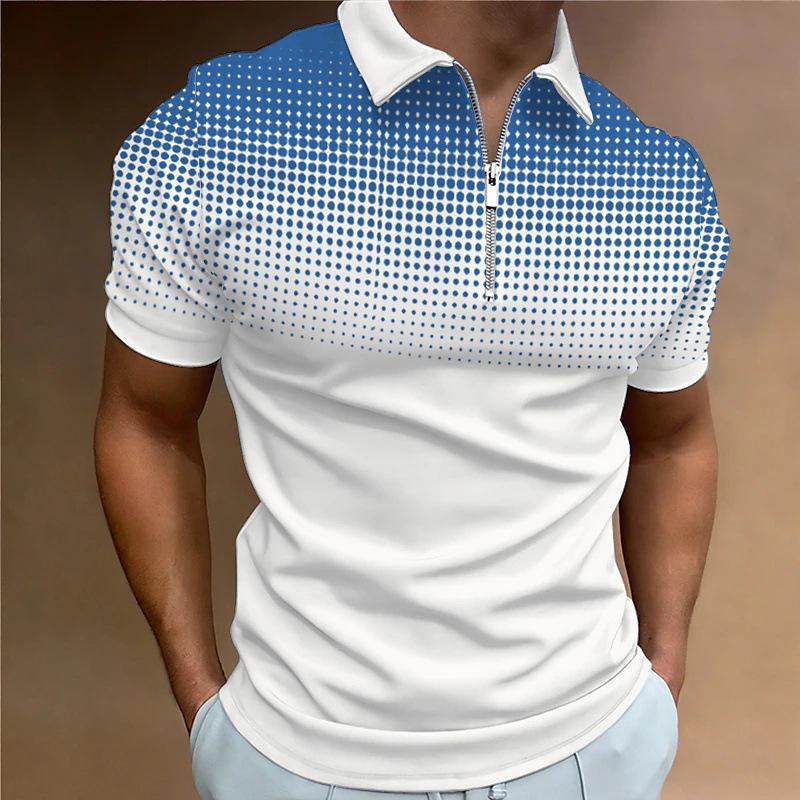Trendy Half-zip Short-sleeve Geometric Pattern Polo Shirt, Great for Casual Wear.