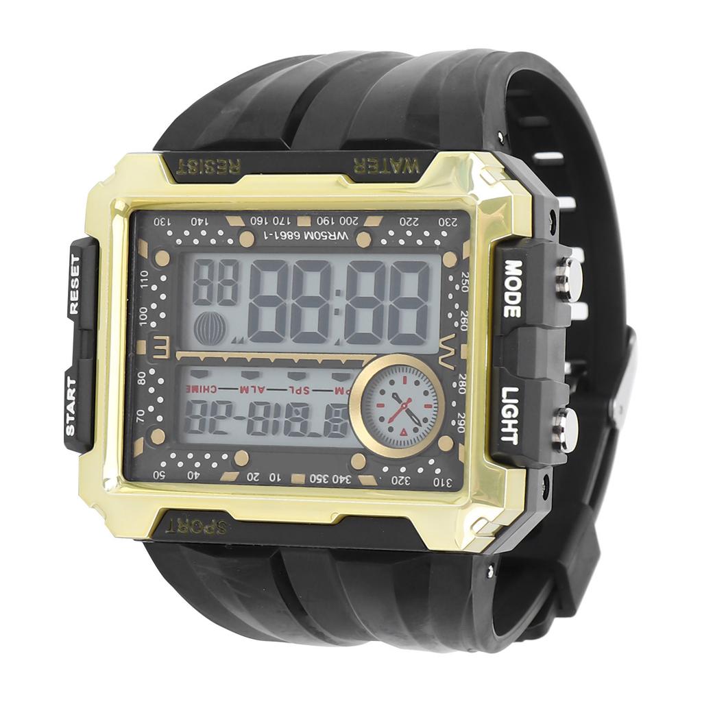 Men S Electronic Watch Night Light Waterproof Large Dial Dual Time Digital Sports WatchBlack Gold