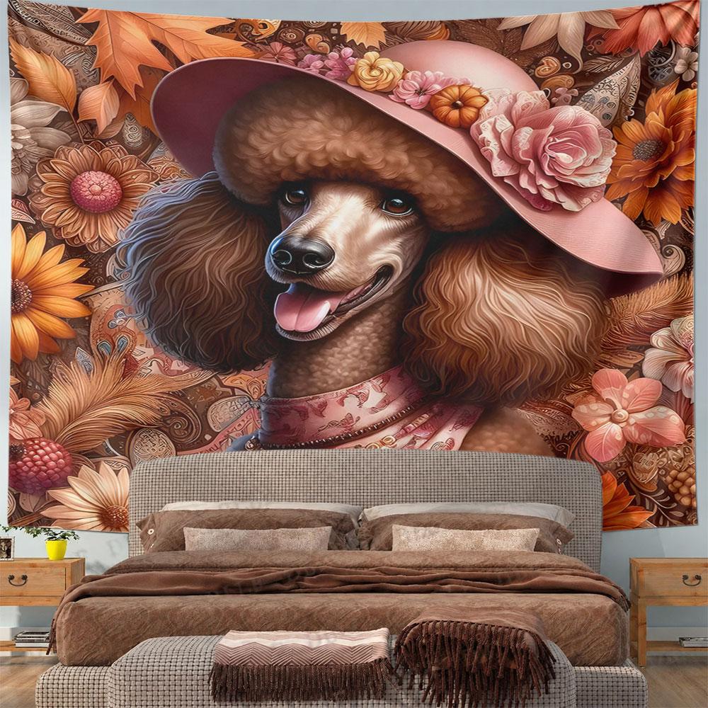 Poodle with Pink Hat and Floral Design Pattern Wall Hanging Tapestry Decorative Tapestry Home Decor for Bedroom and Living Room