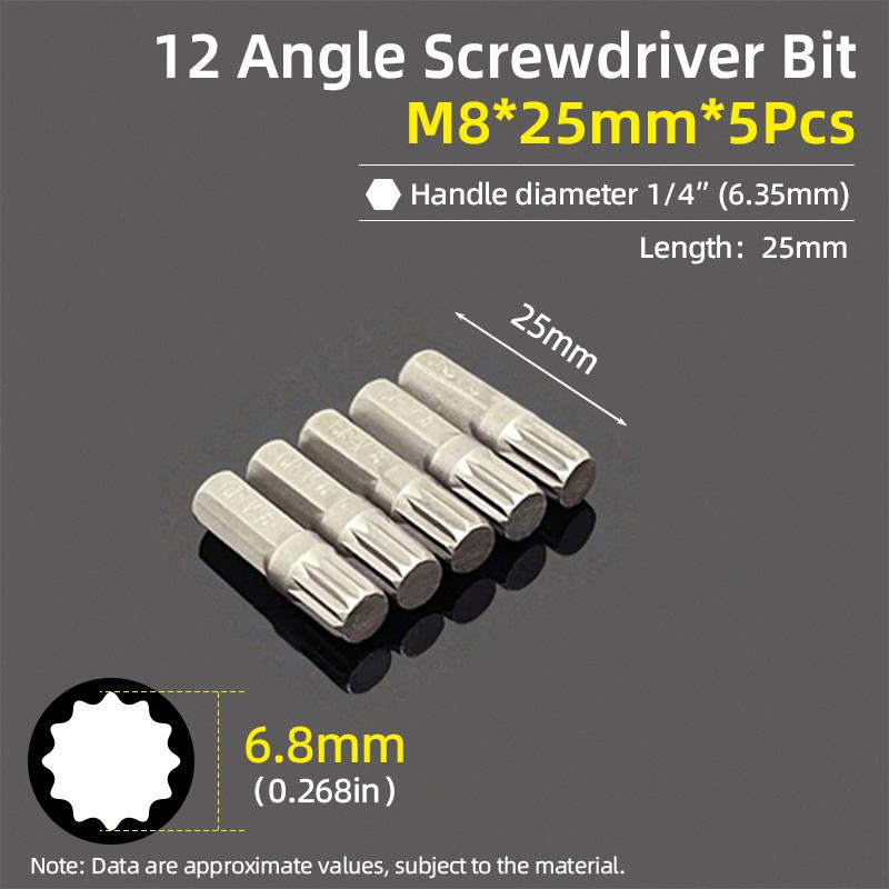 

12-угольная отвертка с битами Plum Blossom, 12-точечная отвертка Torx, шестигранный хвостовик 1/4 дюйма, M5, M6, M8, 25 мм, ручной инструмент для ремонта автомобиля