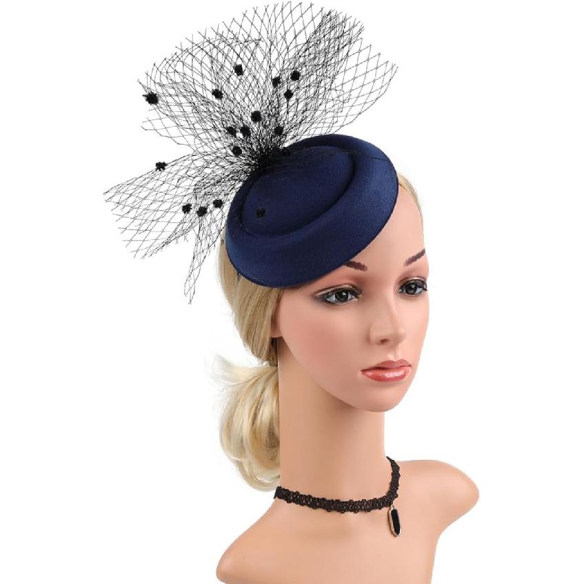 Navy Blue Fascinator Hat with Veil Mesh, Headband and Clip for Women, Dressy Tea Party and Wedding Accessory, Fashionable Cocktail Hat for Special