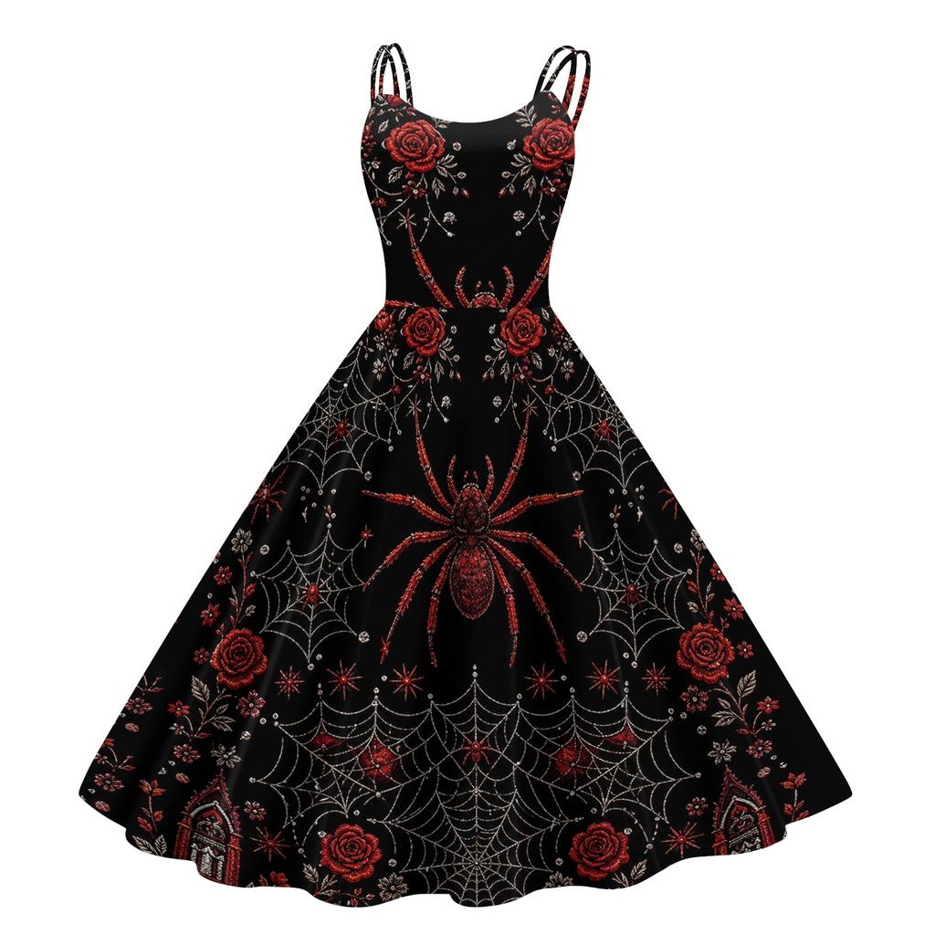 Women's Fashionable Halloween Print Off Shoulder Spaghetti Strap Dress