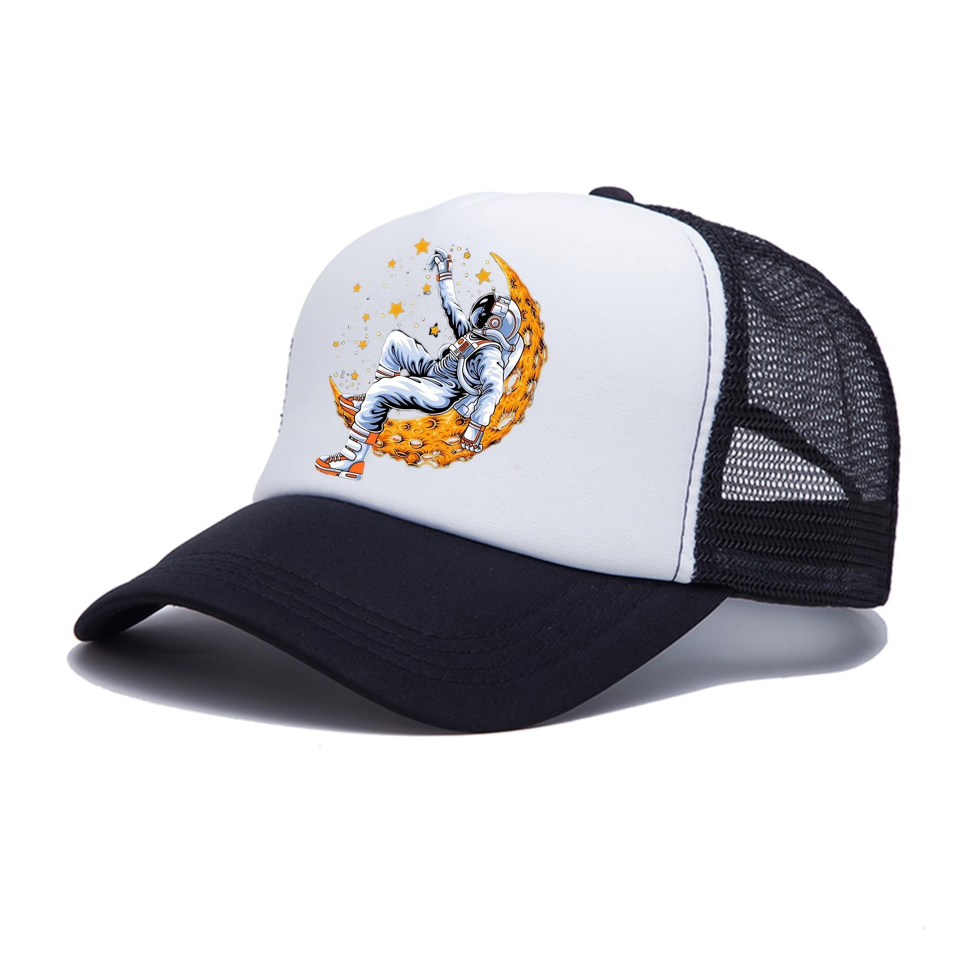 Astronaut Moon Graphic Trucker Hat Breathable Mesh Baseball Cap Casual Adjustable One Size