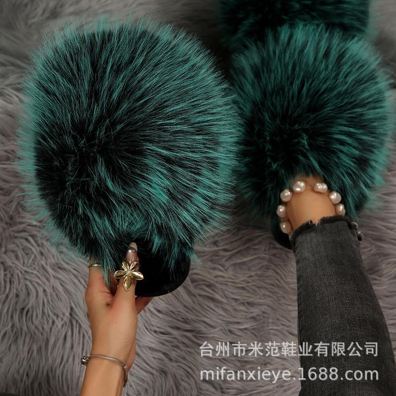 Leopardenmuster Langhaar-Taschenkopf Warme Baumwollpantoffeln Damen Flauschige Haar Pantoffeln