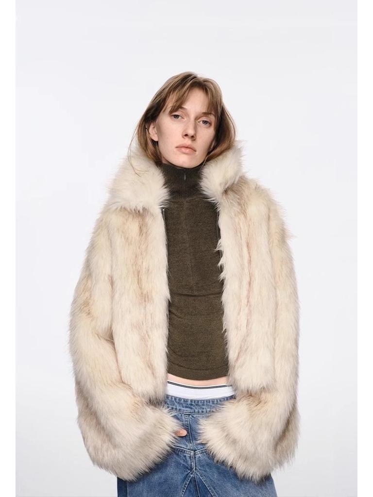 Women's Short Loose Faux Fox Fur Coat - Square Collar, Eco-Friendly, Autumn/Winter.