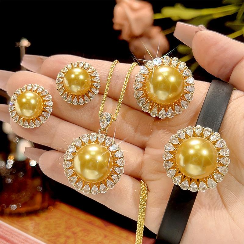 

Gold Round Pearl Jewelry with Adjustable Ring Sunflower Necklace Earring Bracelet Vintage Statement Party Accessories for Women One Size