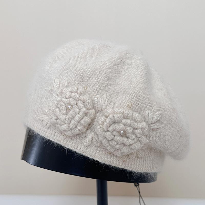 Autumn and Winter Hat Femininity Sweet Headhat Flower Rabbit Velvet Knitted Beret,Winter Hats for Women, Beanies for Women, Hats for Women Winter