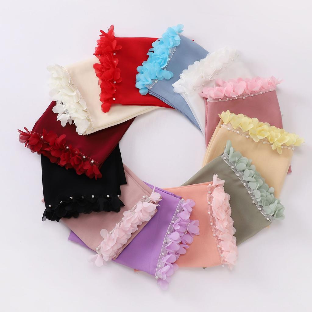 Fashion Bubble Pearl Chiffon Scarf Flower Beads Hijab Muslim Women Headscarf Turban Shawl Wrap Islam Veil Stoles Scarves Bufanda