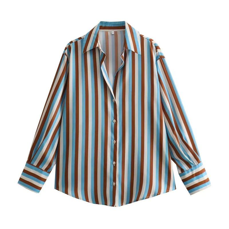 Stripe Shirt Western Style Versitile Fashion Shirt Satin Stripe Retro Temperament Long sleeve Women's Shirt