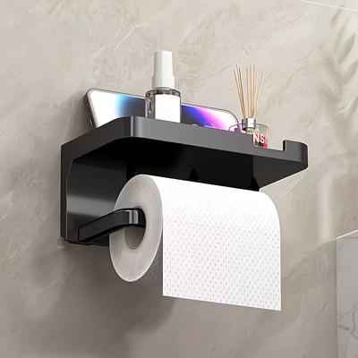 Toilet Paper Box No-Drill Toilet Paper Holder Roll Paper Rack Wall-Mounted Bathroom Tissue Holder with Phone Stand