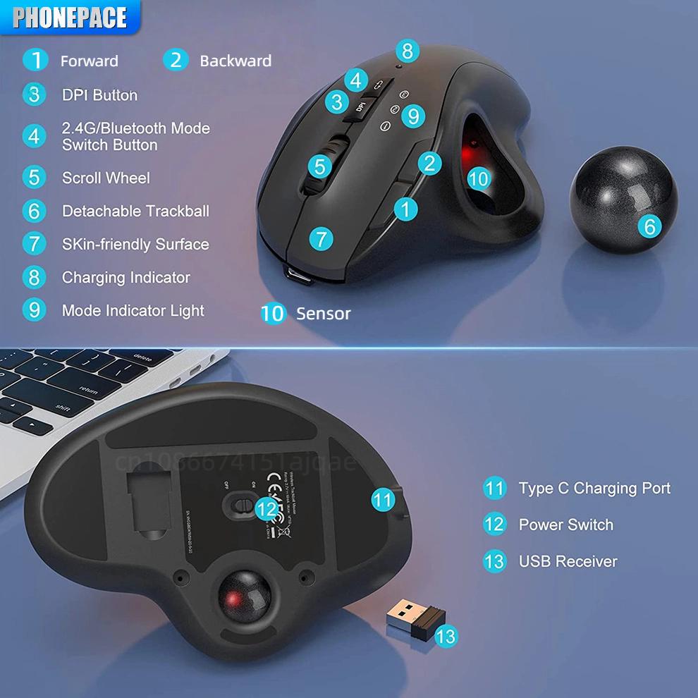 HOMEFISH Wireless BT Trackball Mouse, 10m Working Distance, 3 DPI(1000/1600/2400), 600mA Rechargeable, Ergonomic, 3-Device Sync
