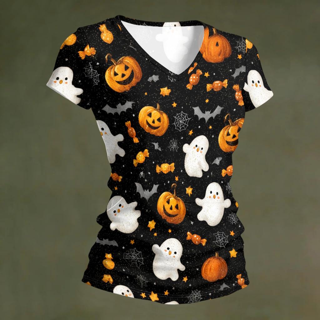 Women's V-Neck Halloween Print Lightweight Blouse for Spring and Summer